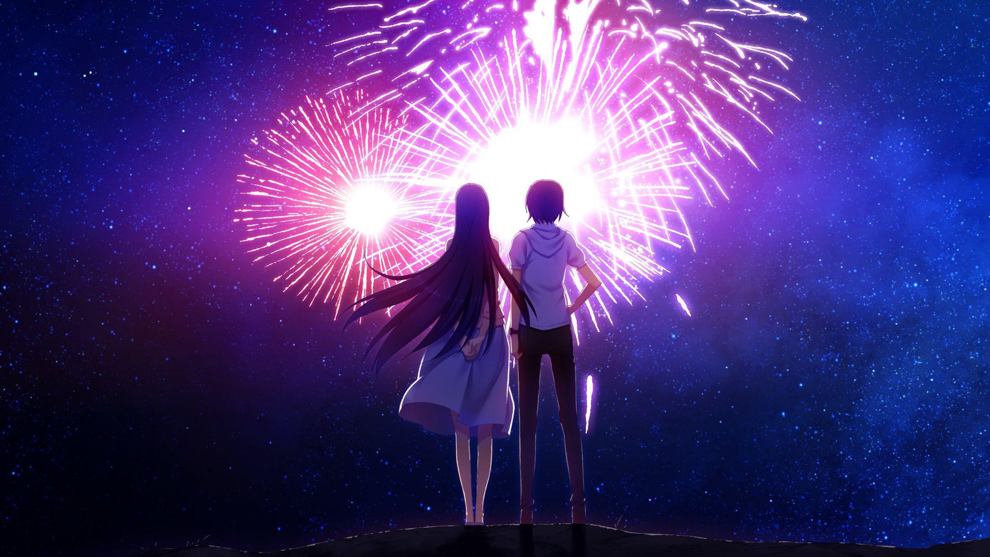 Senjougahara and Araragi watch fireworks