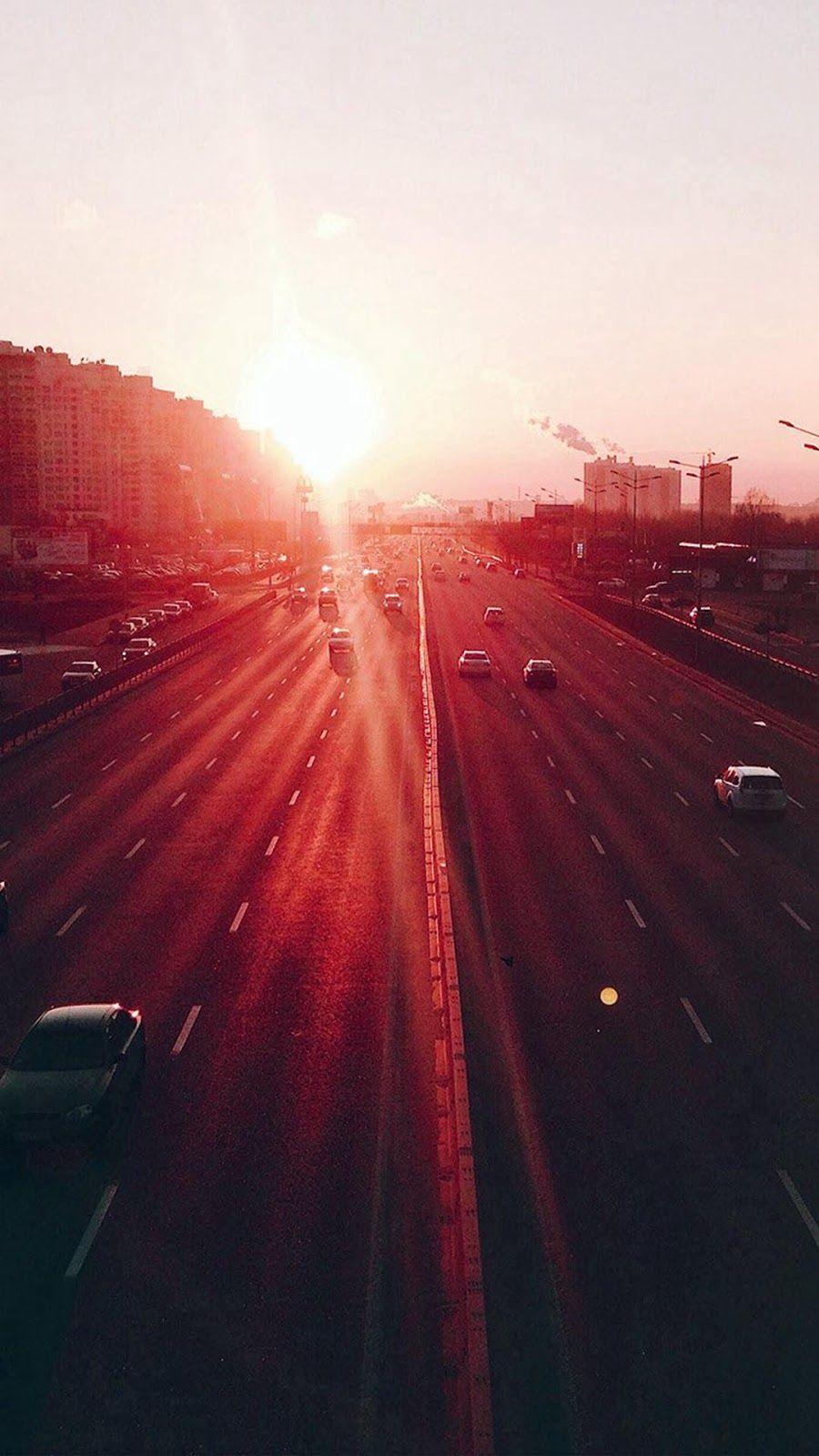 HD iPhone 7 Wallpaper Sunset Road Car Red Flare