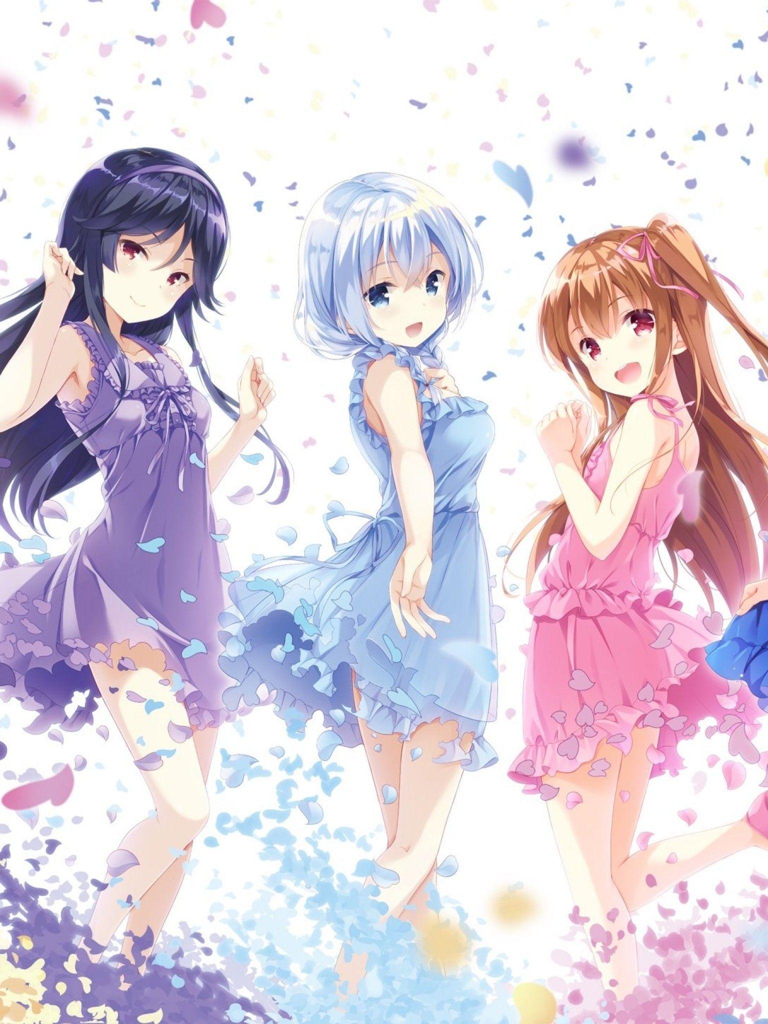 Download 1536x2048 Anime Girls, Moe, Light Dress, White Hair, Pink Hair, Smiling, Petals, Friends Wallpaper for Apple iPad Mini, Apple IPad 4