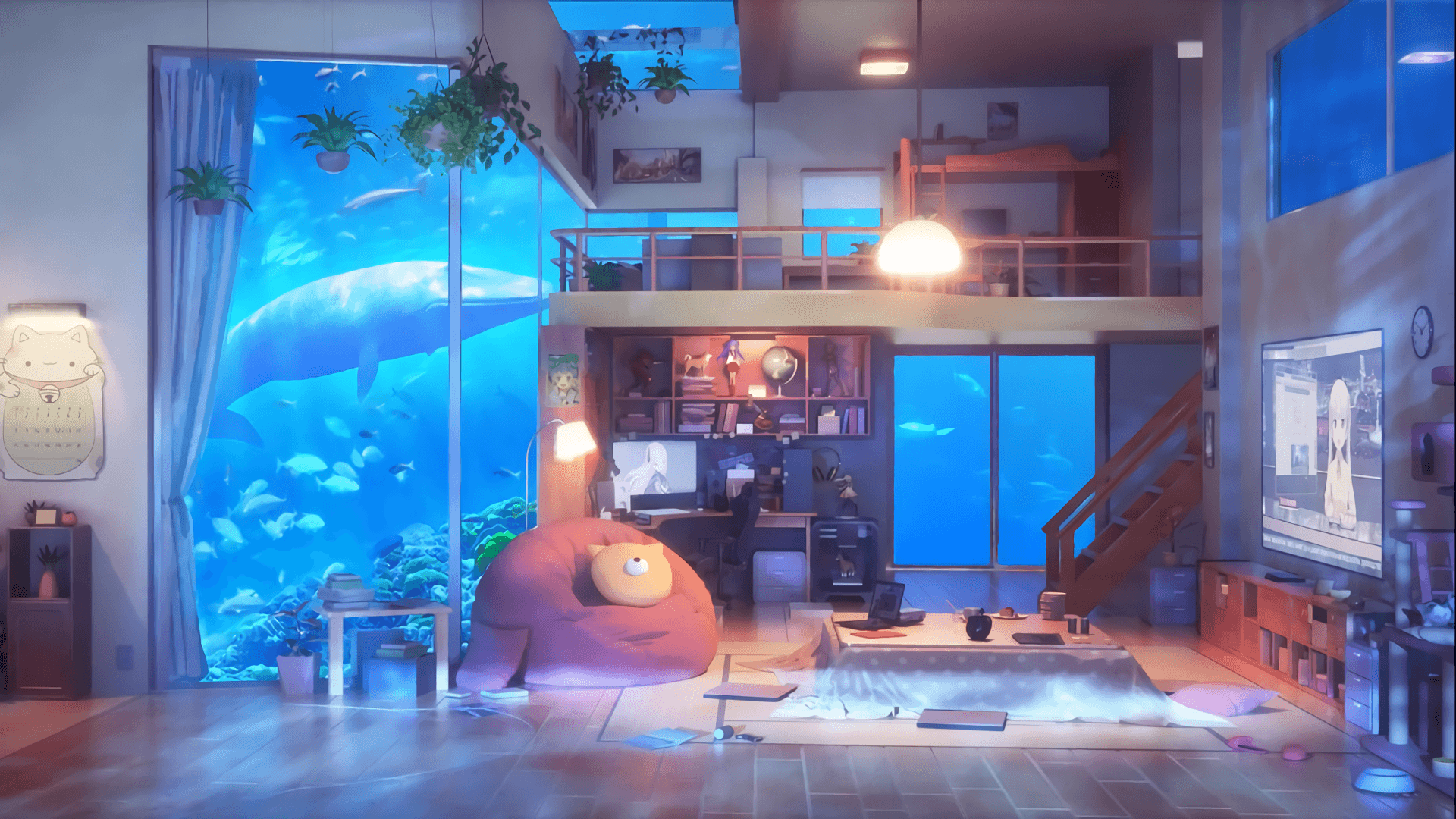 anime resting living room