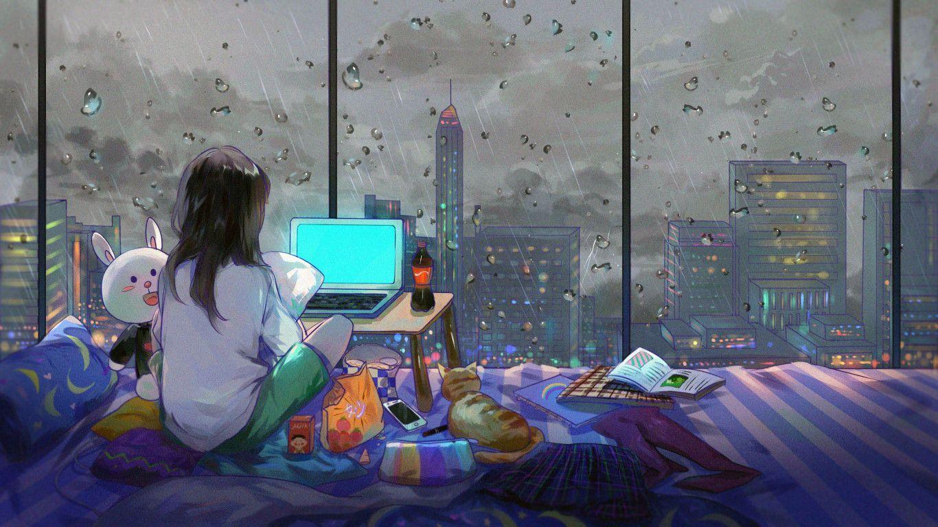 Anime Girl Room City Cat 1366x768 Resolution HD 4k Wallpaper, Image, Background, Photo and Picture