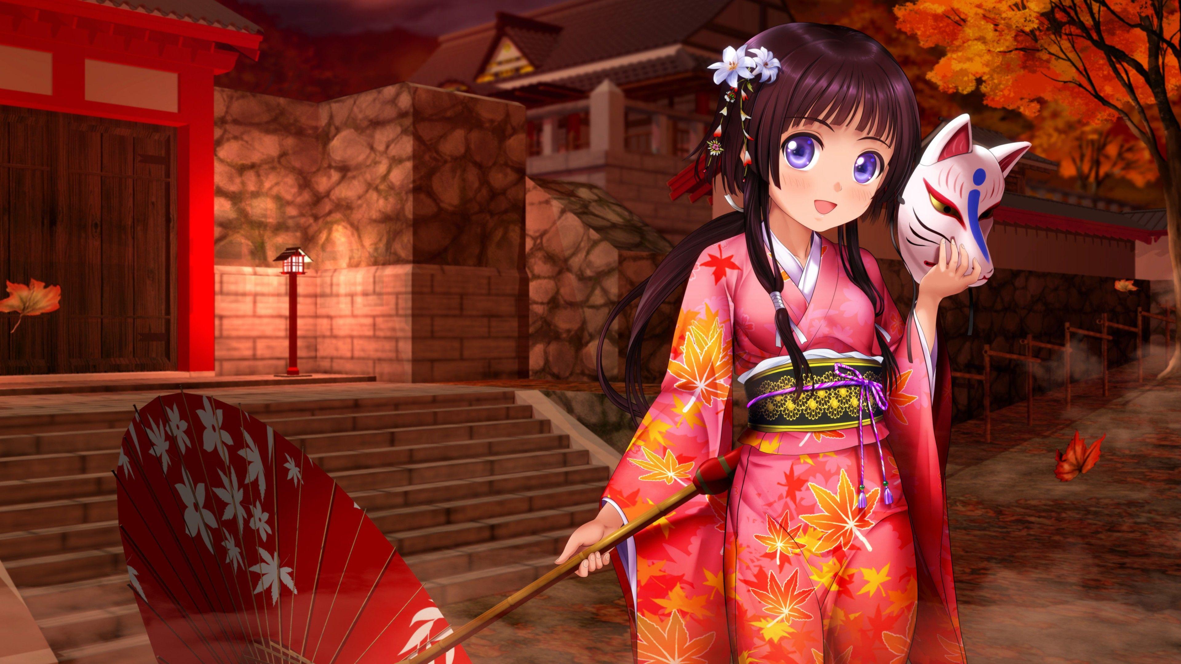 Anime Girl Kimono Umbrella Wallpaper for Desktop and Mobiles 4K