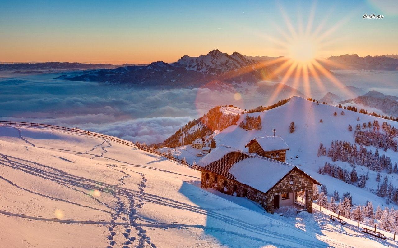 Sunrise over the snowy mountains wallpaper wallpaper