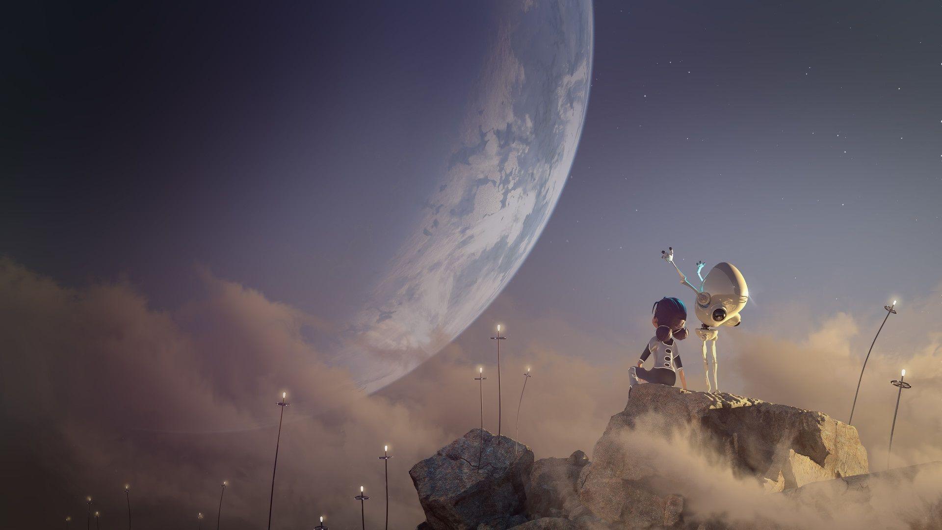 Wallpaper Child girl and robot look at Earth, creative picture