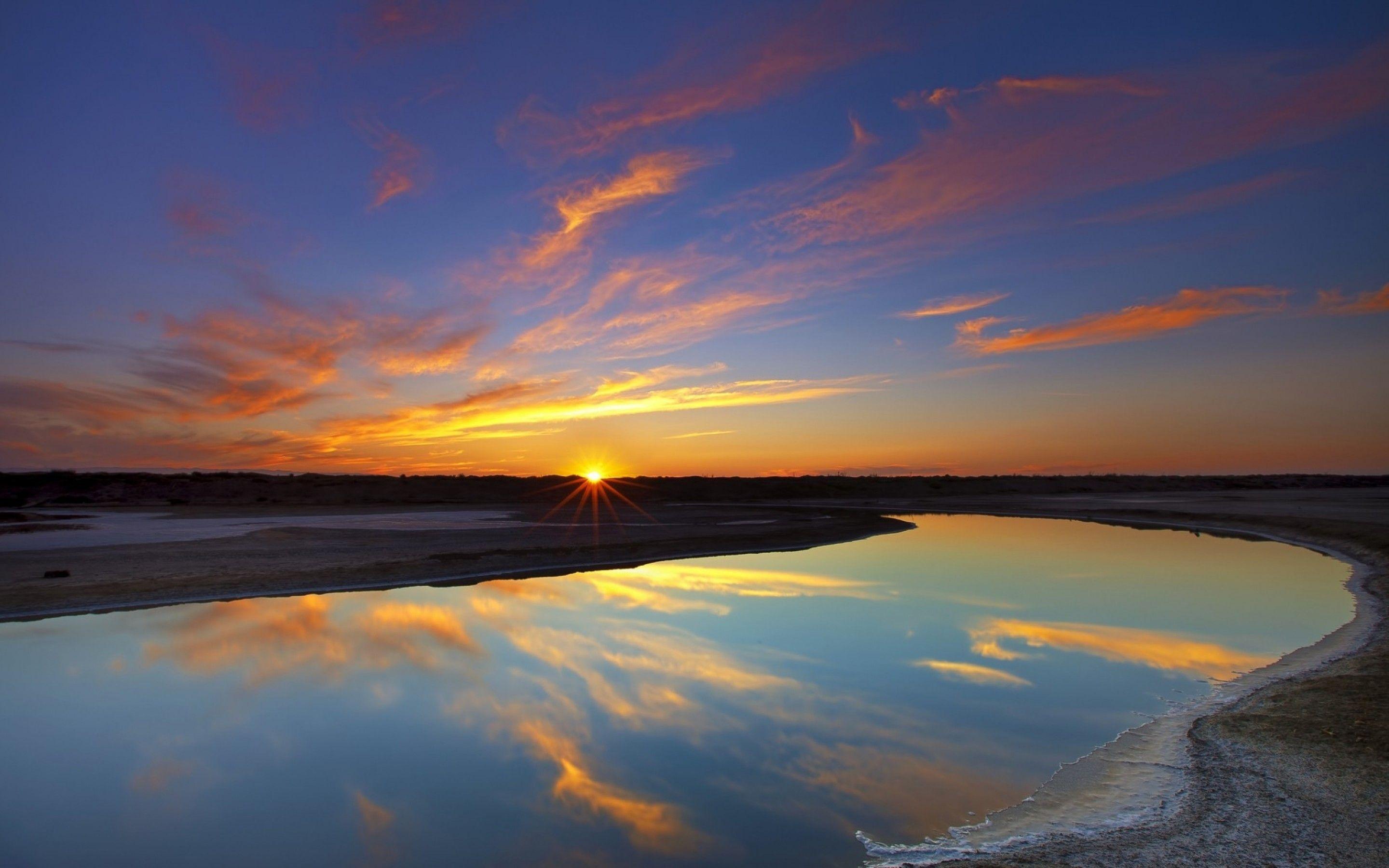 Download 2880x1800 Sunset, River, Sky, Reflection Wallpaper