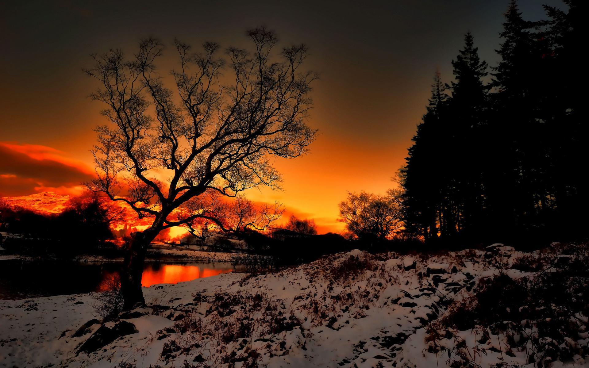 HD Sunset River Snow Landscape Free Desktop Background Wallpaper