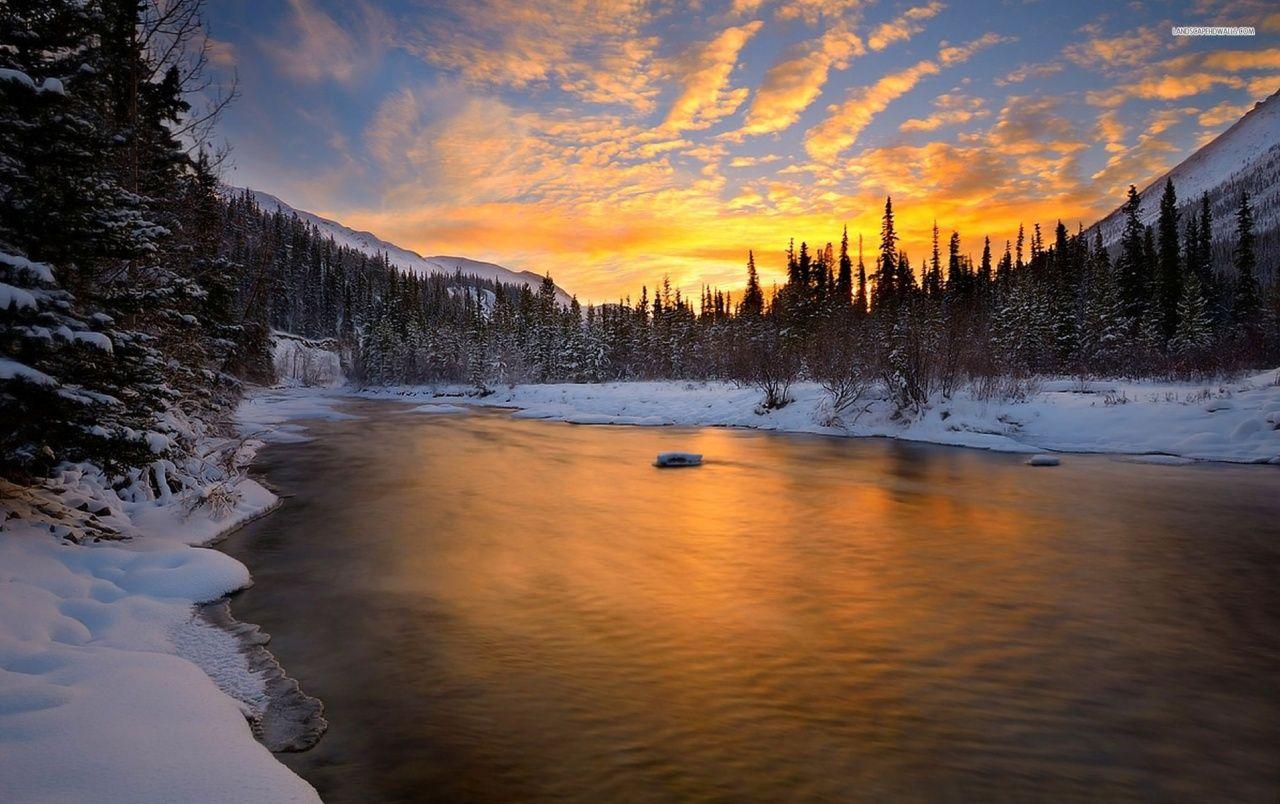 Calm River Sunset Forest Snowy wallpaper. Calm River Sunset