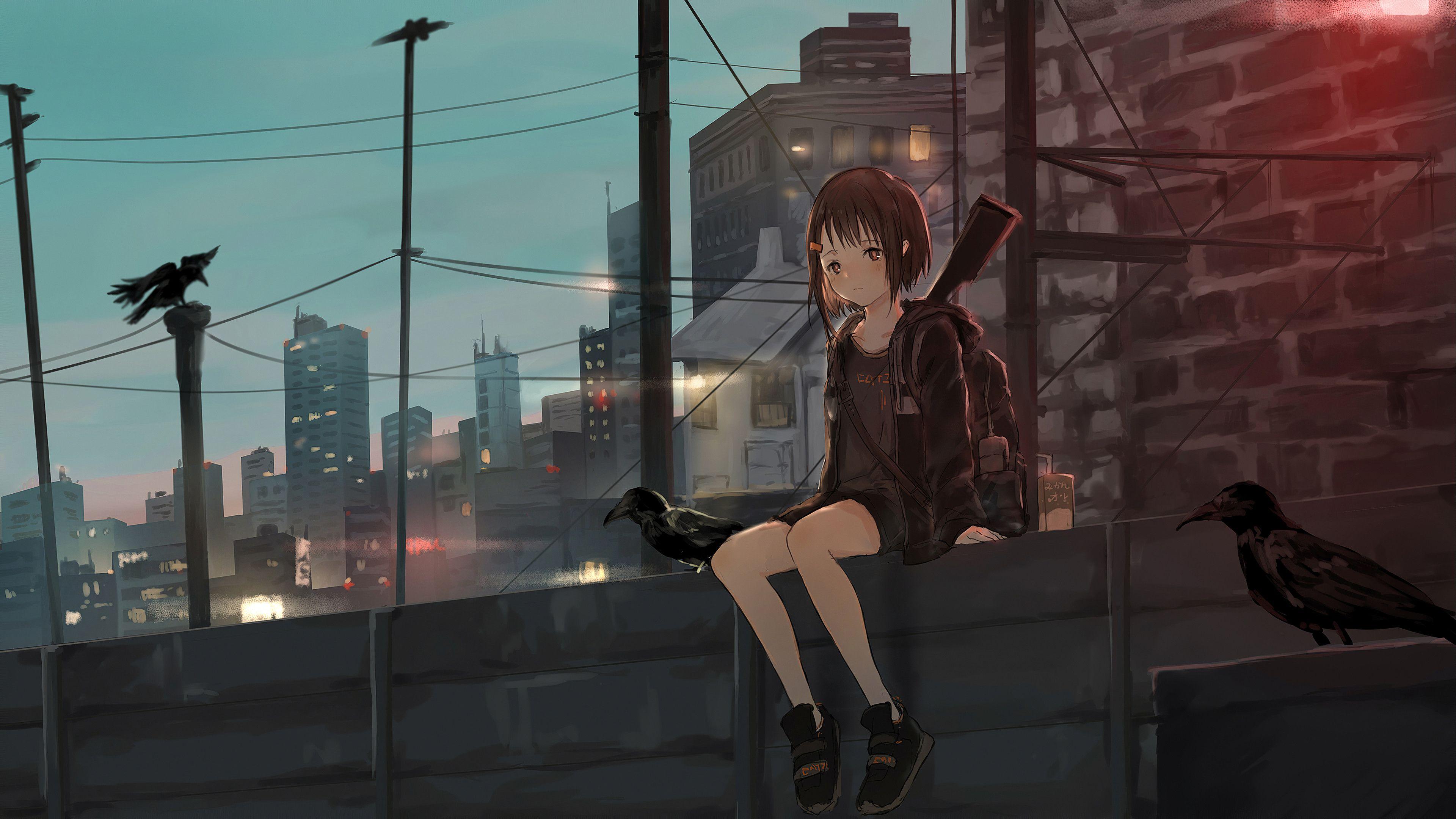 3840x2160 Anime Girl Sitting Alone Roof Sad 4k 4k HD 4k Wallpapers