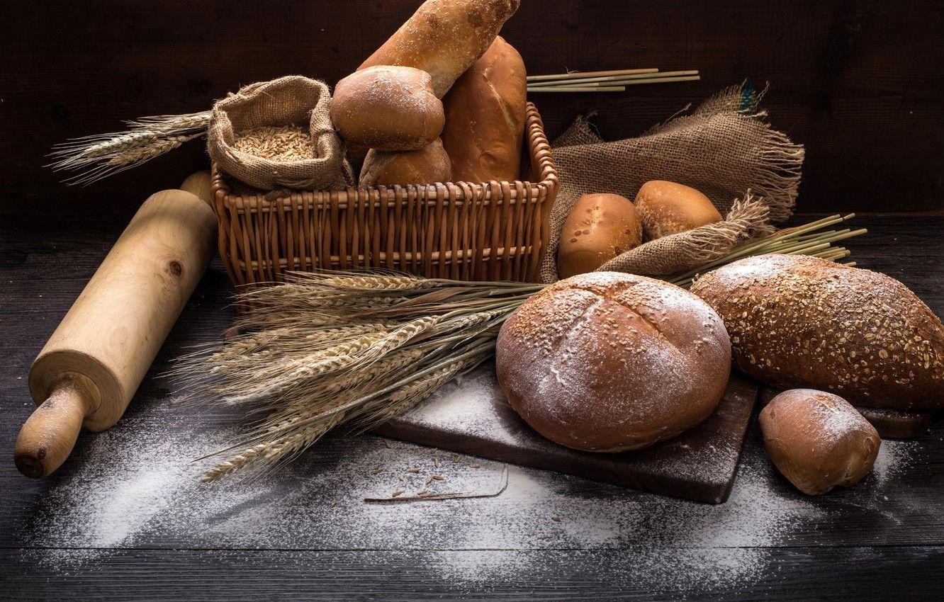 Wallpaper food, wheat, basket, flour, rolling pin, Bread image