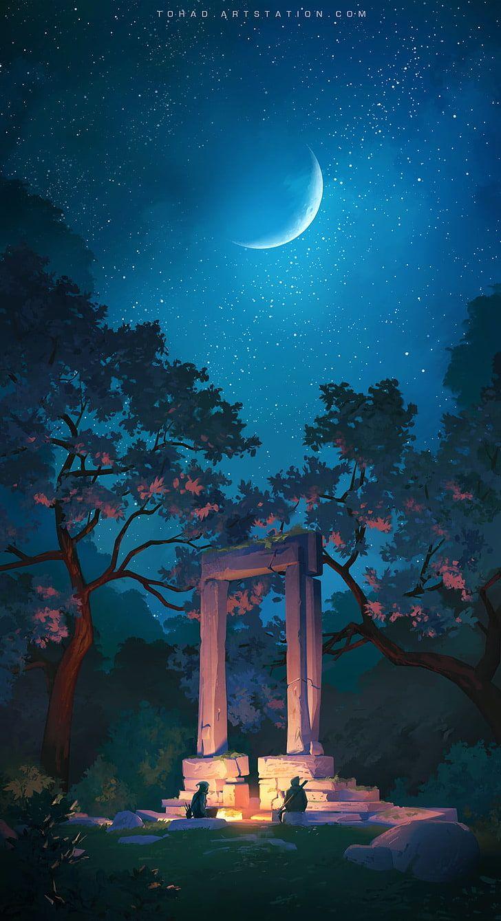 HD wallpaper: anime wallpaper, campfire, stone, trees, Moon