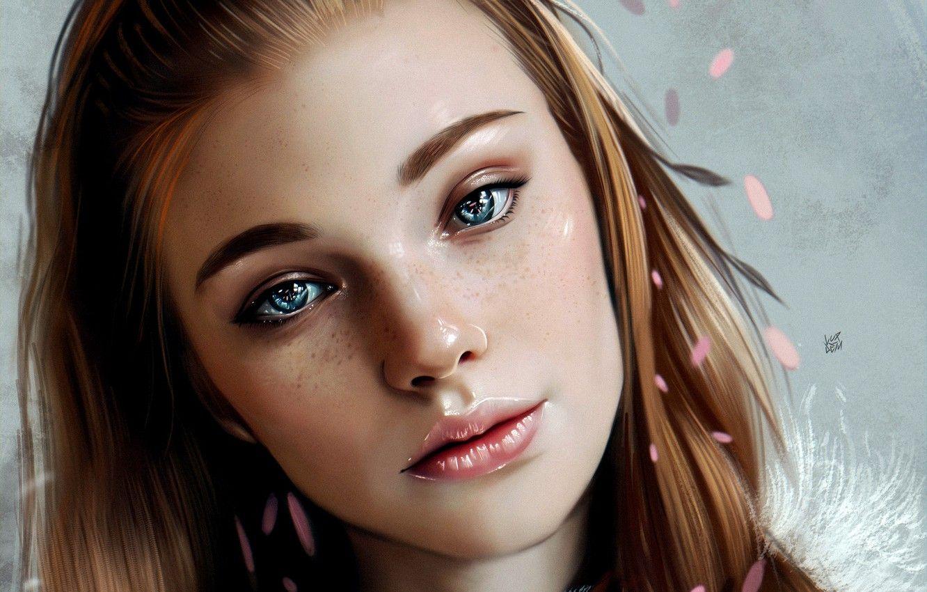 Wallpaper Girl, art, blue eyes, lips, face, redhead, digital art