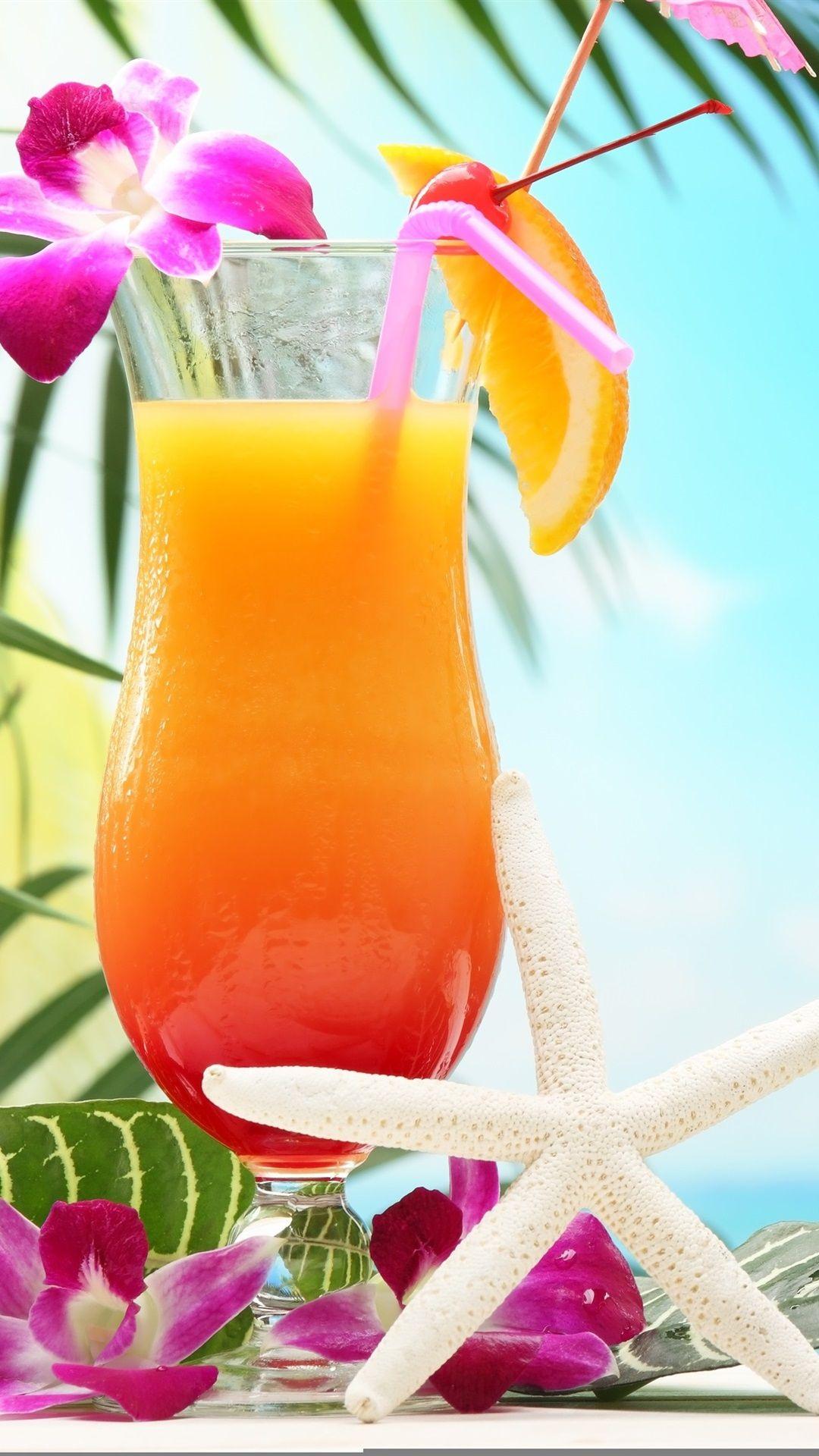 Tropical drinks, fruit juice, flowers, glass cup 1080x1920 iPhone