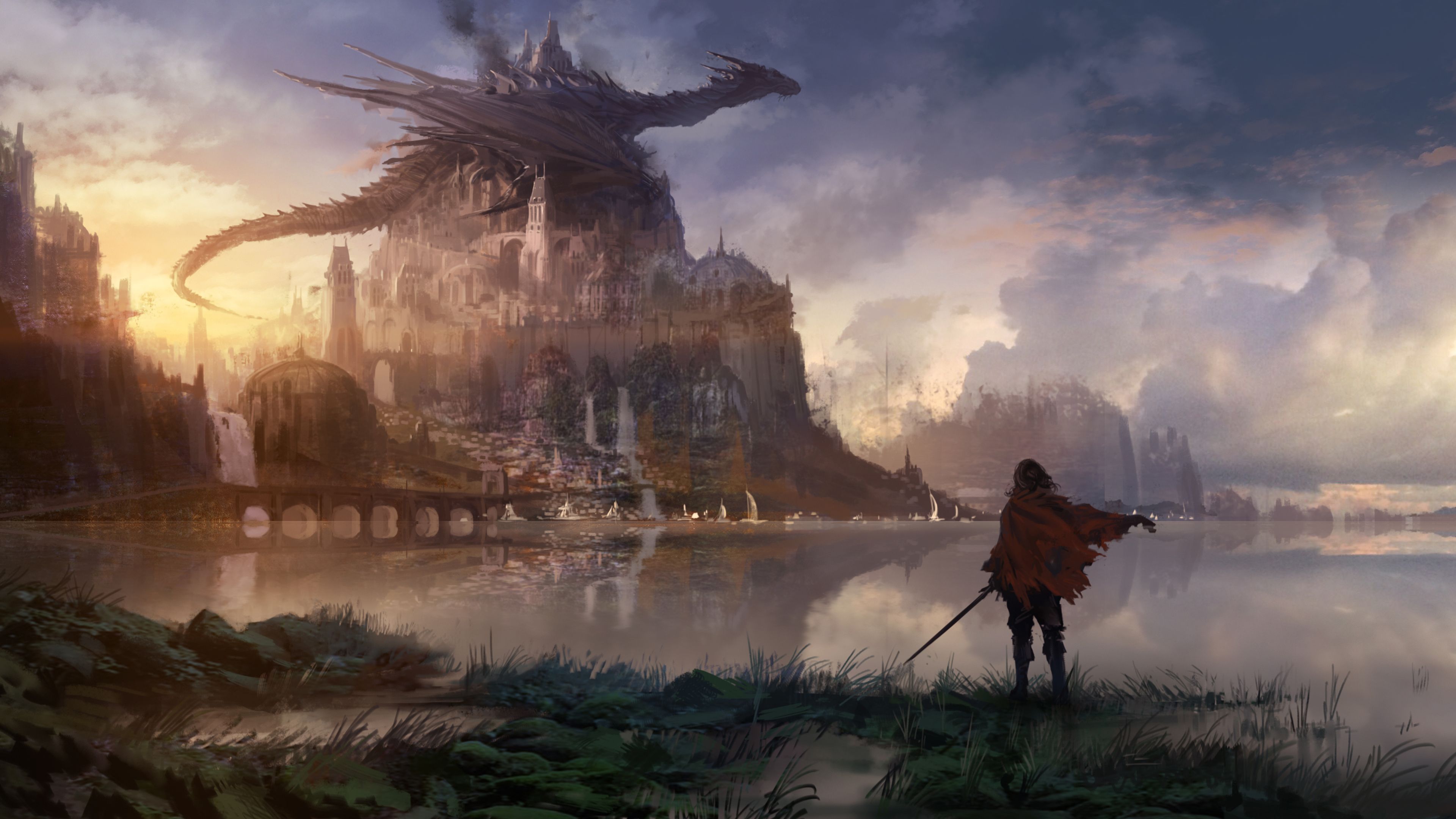 Dragon, Knight, Fantasy, Anime wallpaperx2160
