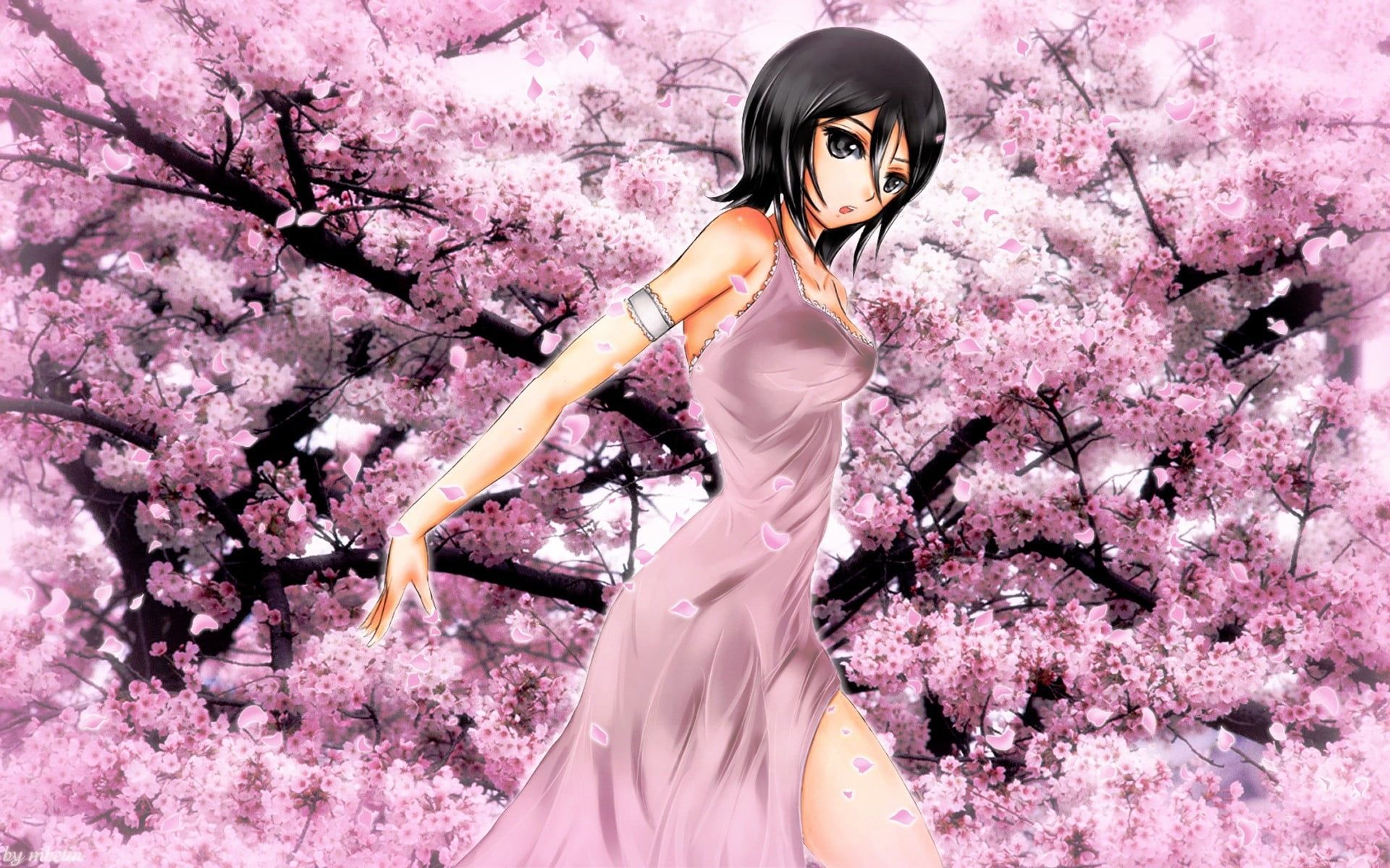 Anime Character wearing purple dress on cherry blossom tree HD