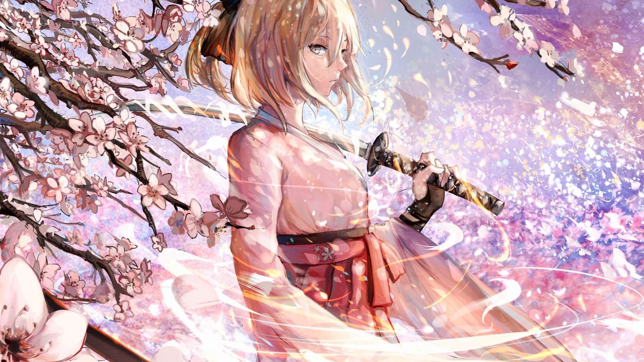 Download 2048x1152 wallpaper sakura saber, katana, cherry blossom