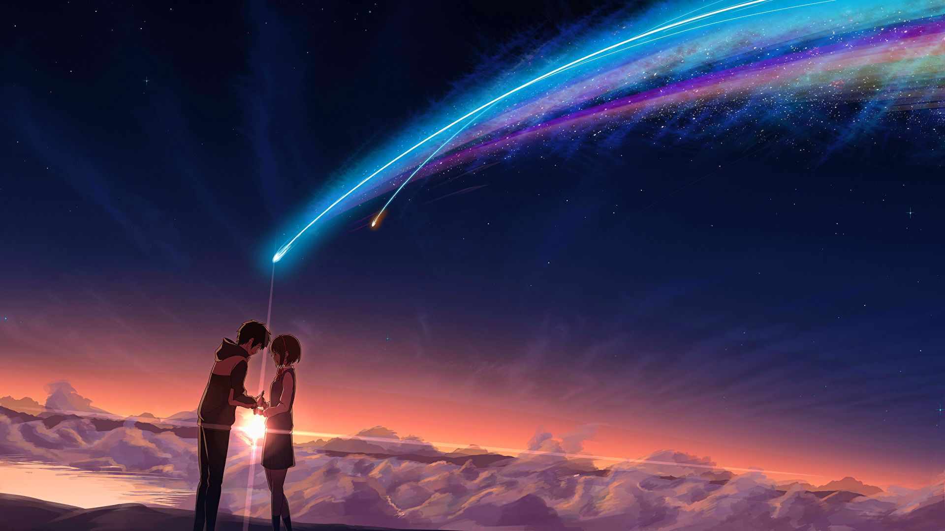 #neon, #sky, #shooting stars, #anime girls, #Kimi no Na Wa
