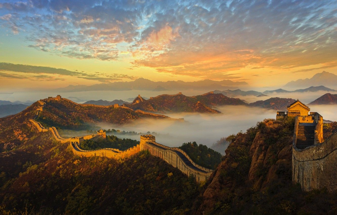 Wallpaper mountains, wall, dawn, China, architecture, history