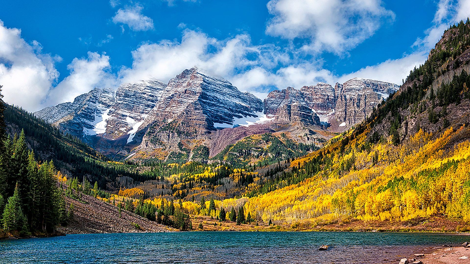 Wonderful Autumn Landscape Mountain Lake Birch And Pine Forest