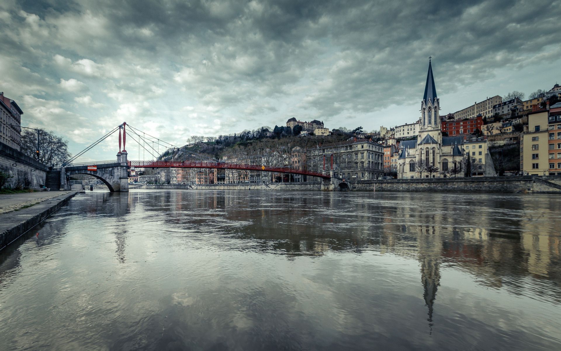 Download wallpaper Lyon, St Georges Cathedral, red footbridge