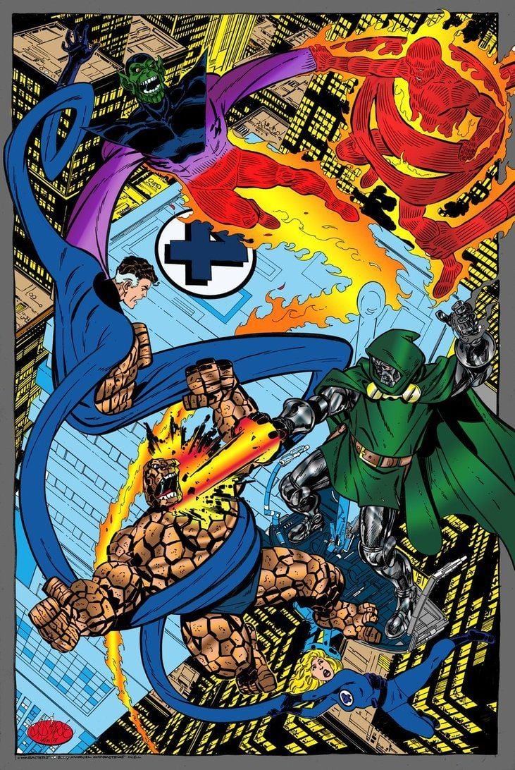 Fantastic Four VS Dr.Doom and the Super Skrull. Marvel comics art