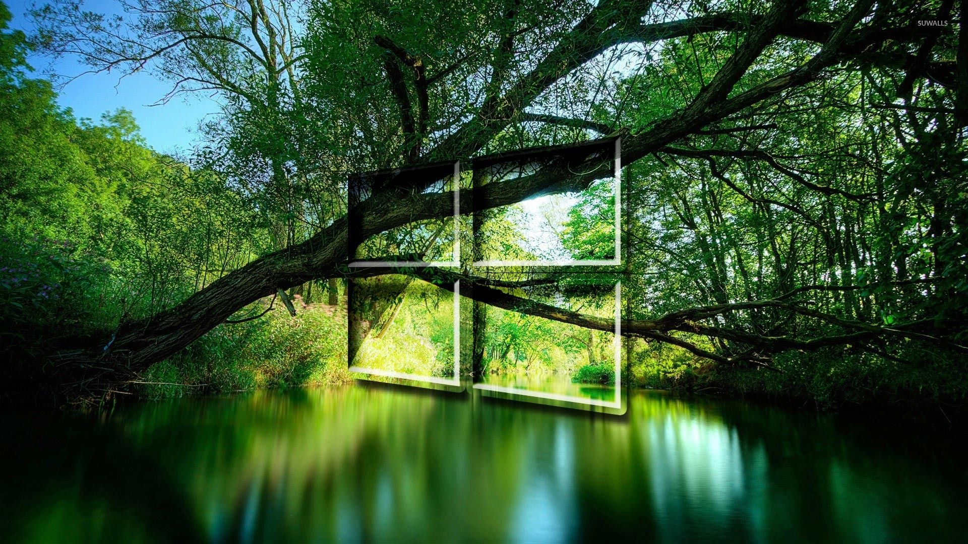 Windows 10 over a green lake transparent logo wallpaper wallpaper
