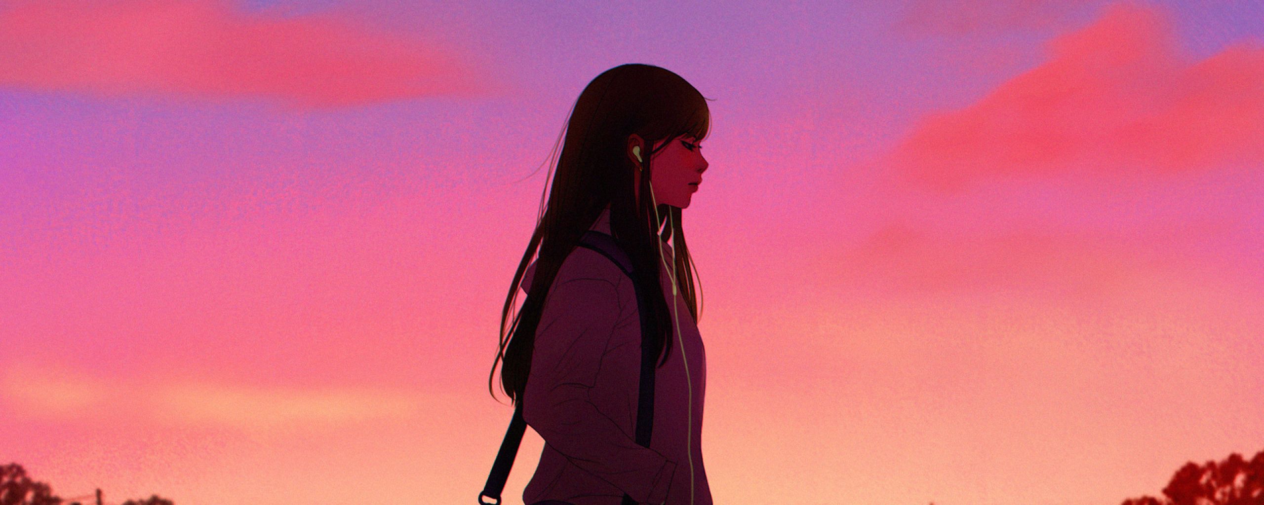 Anime Girl Listening Music 2560x1024 Resolution