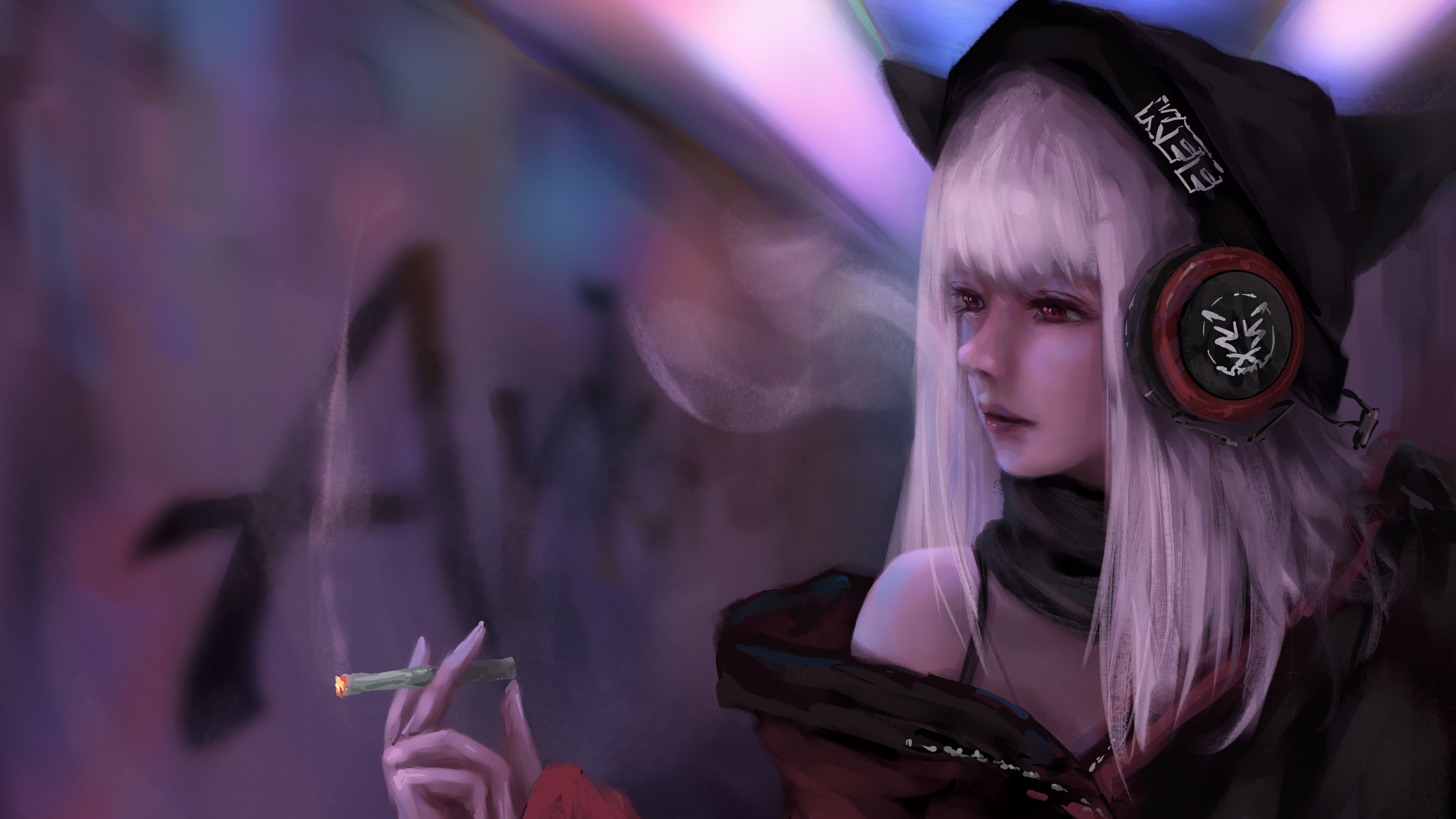 Anime Girl Smoking And Listening Music 8k 8k HD 4k