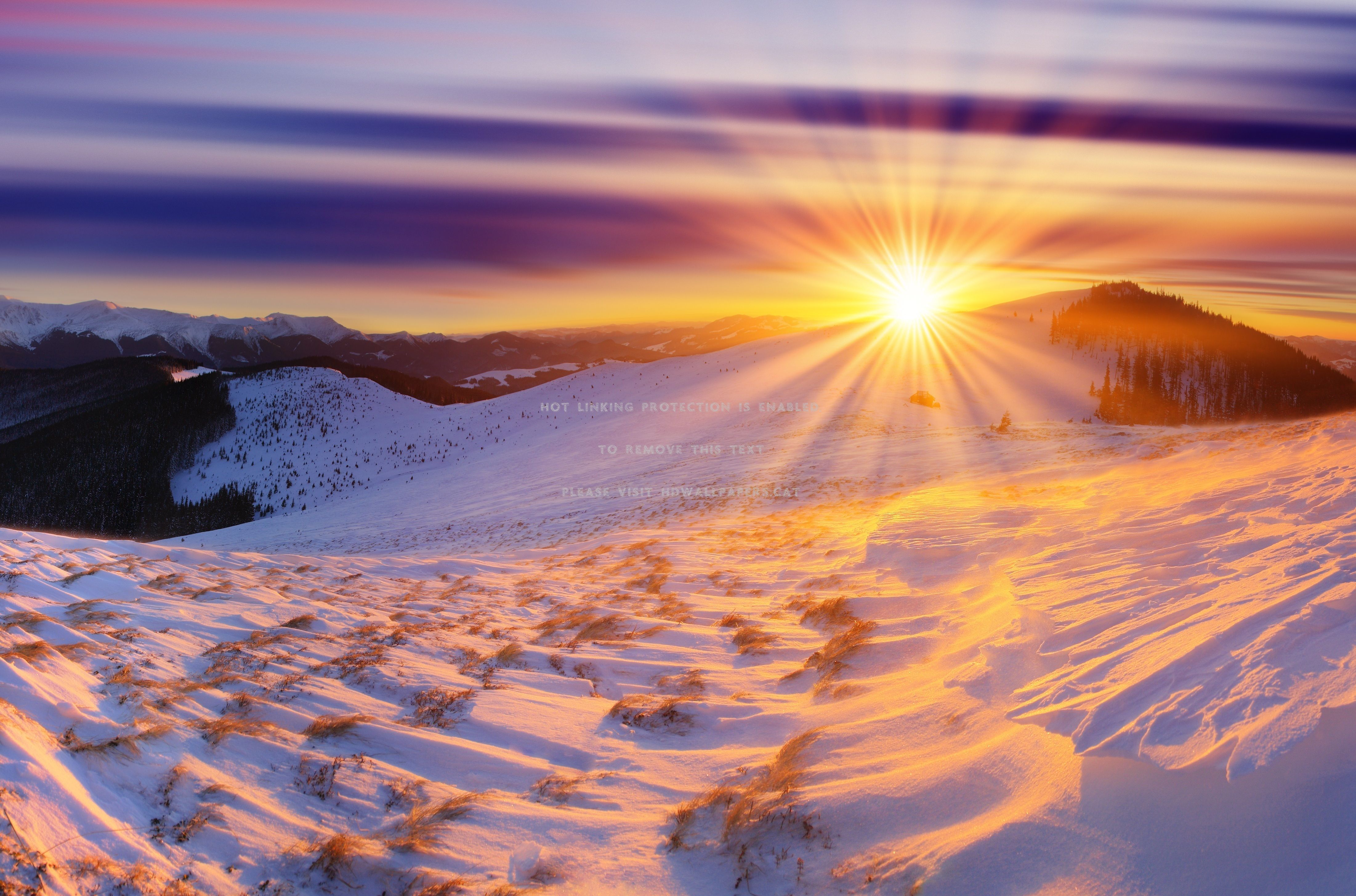 winter sun view lovely sunset hills rays
