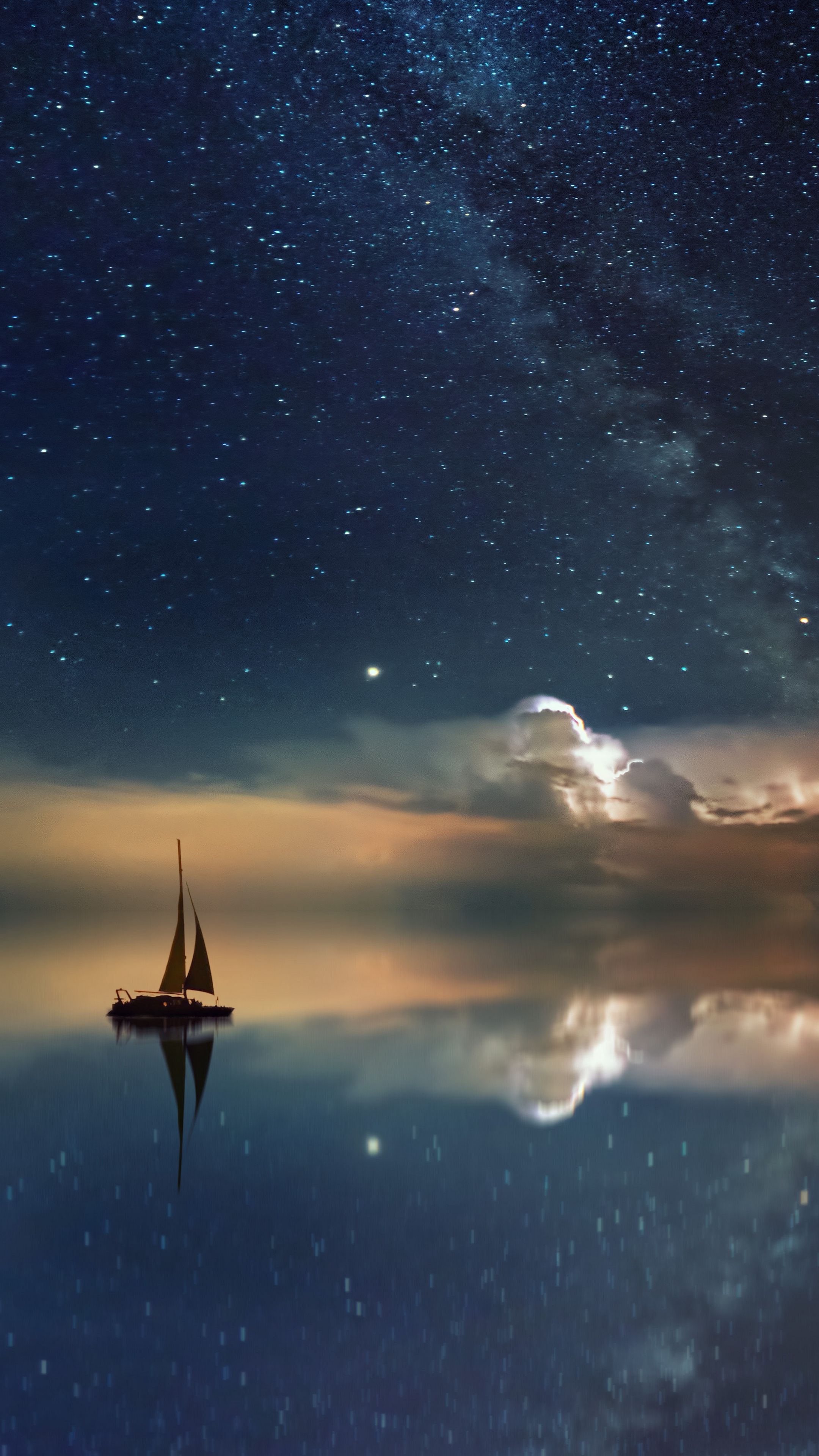 Sky starry sky, boat, reflection, sail, night #android #wallpaper
