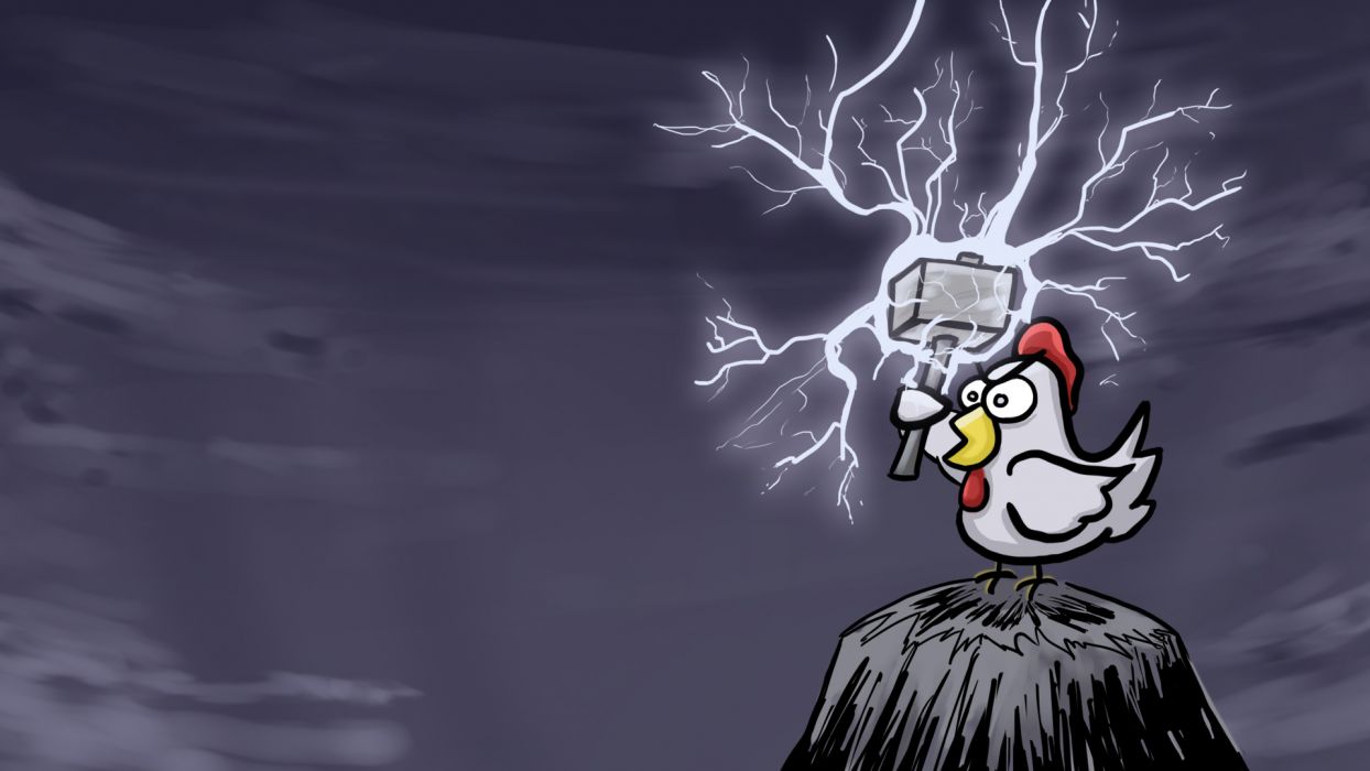 Cartoons hills hammer chickens lightning thor wallpaper