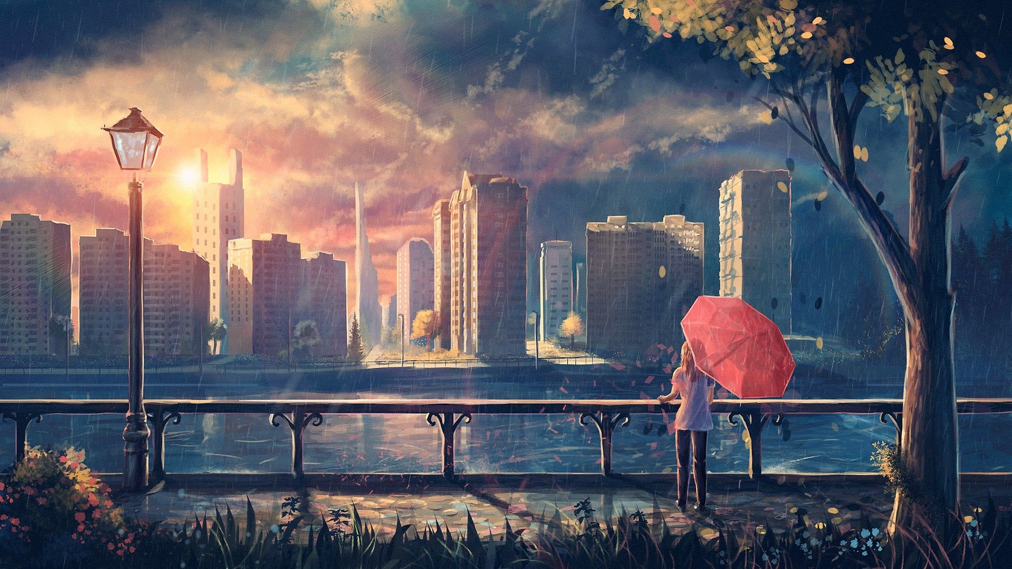 #rain, #anime girls, #sunlight, #umbrella, #cityscape