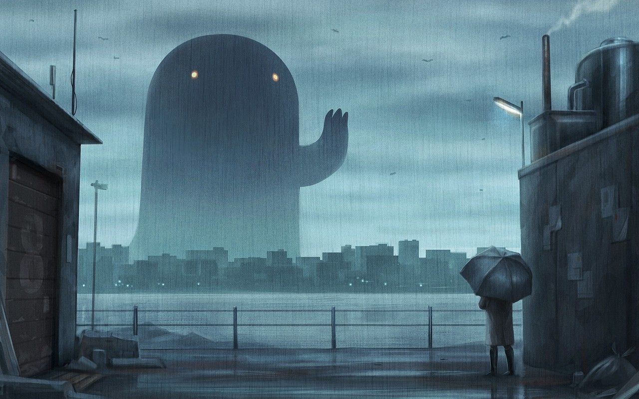 #landscape, #creature, #city, #anime, #artwork, #umbrella