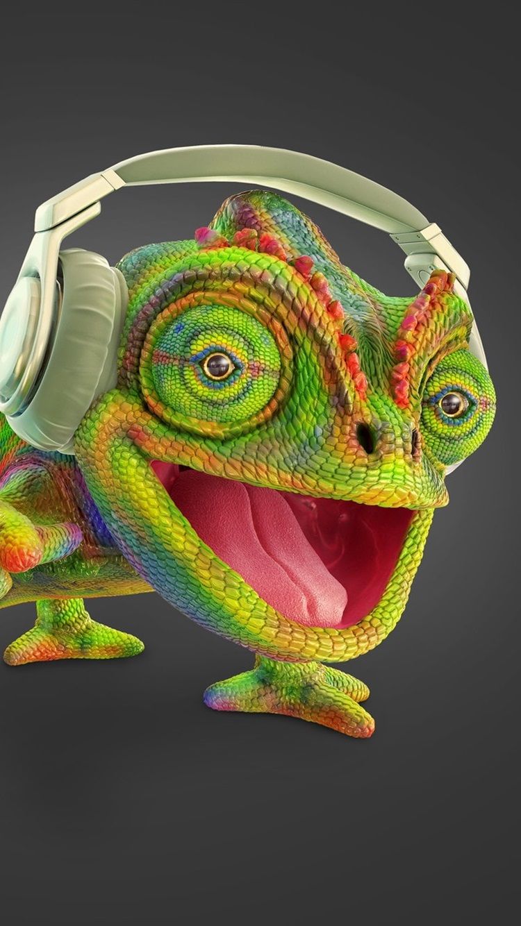 Chameleon listen music, headphone, creative picture 750x1334