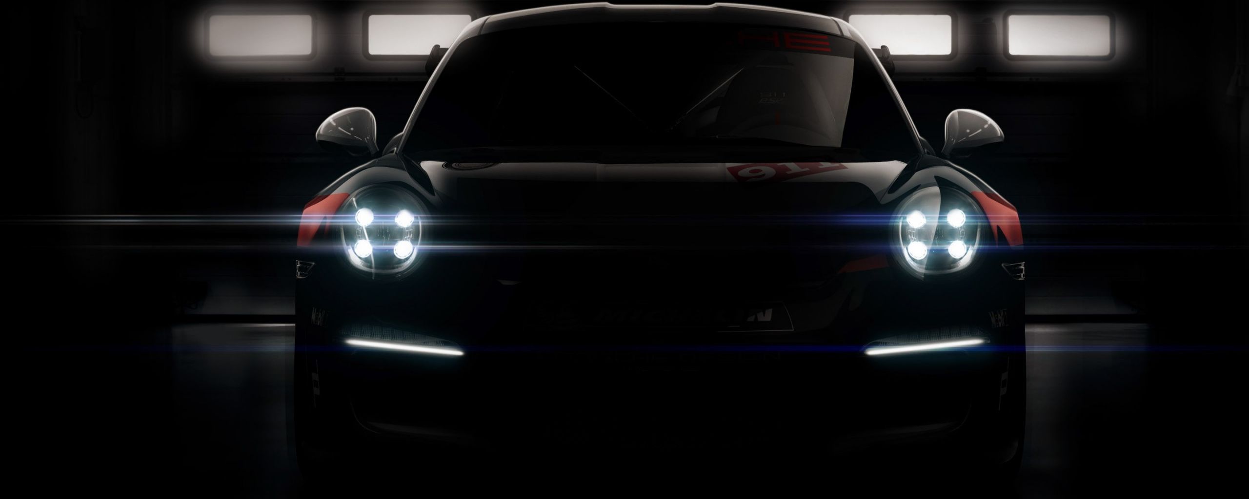 Download 2560x1024 wallpaper headlight, dark, porsche 911 gt3 r