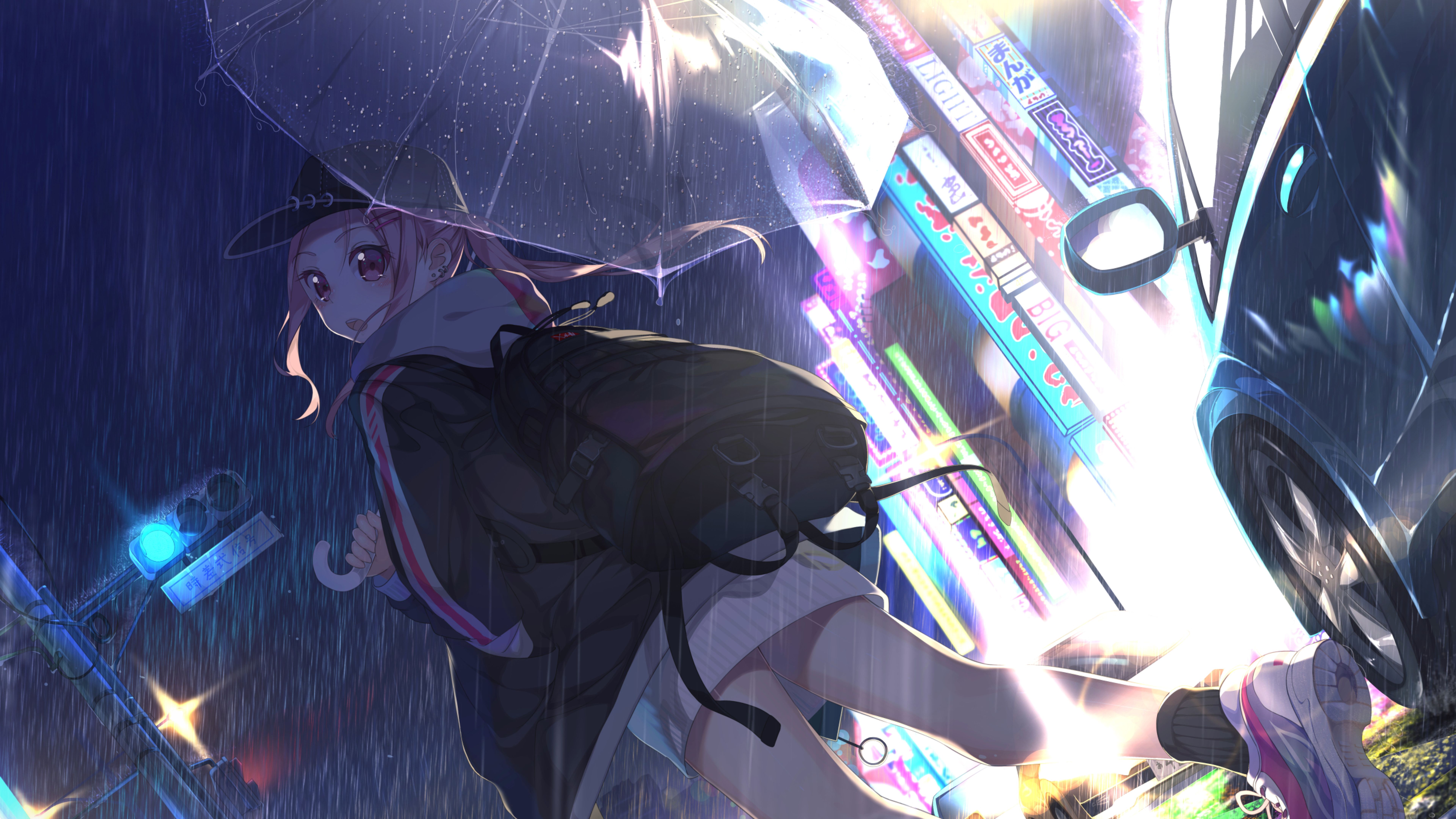 Anime Girl with Umbrella In Rain 8K Wallpaper, HD Anime