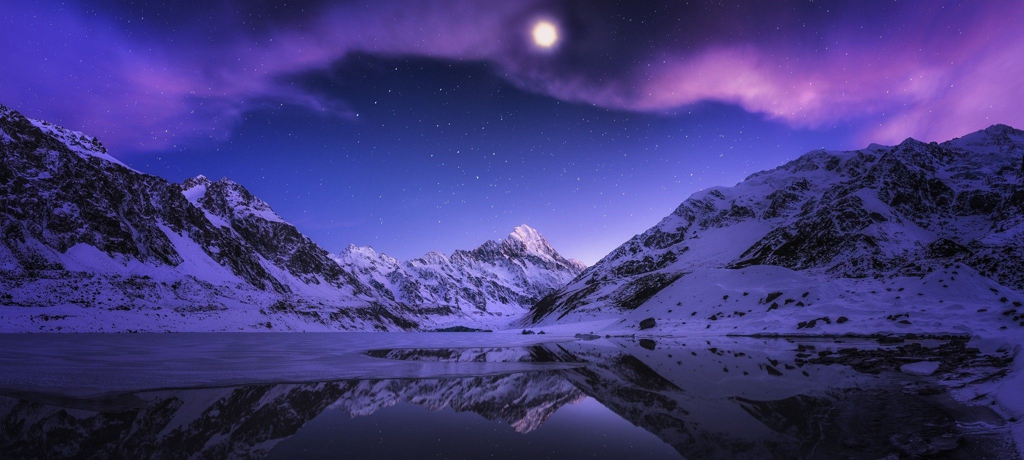 landscape, Nature, Lake, Mountain, Snow, Reflection, Stars, Evening, Moon, Clouds, Moonlight, New Zealand Wallpaper HD / Desktop and Mobile Background