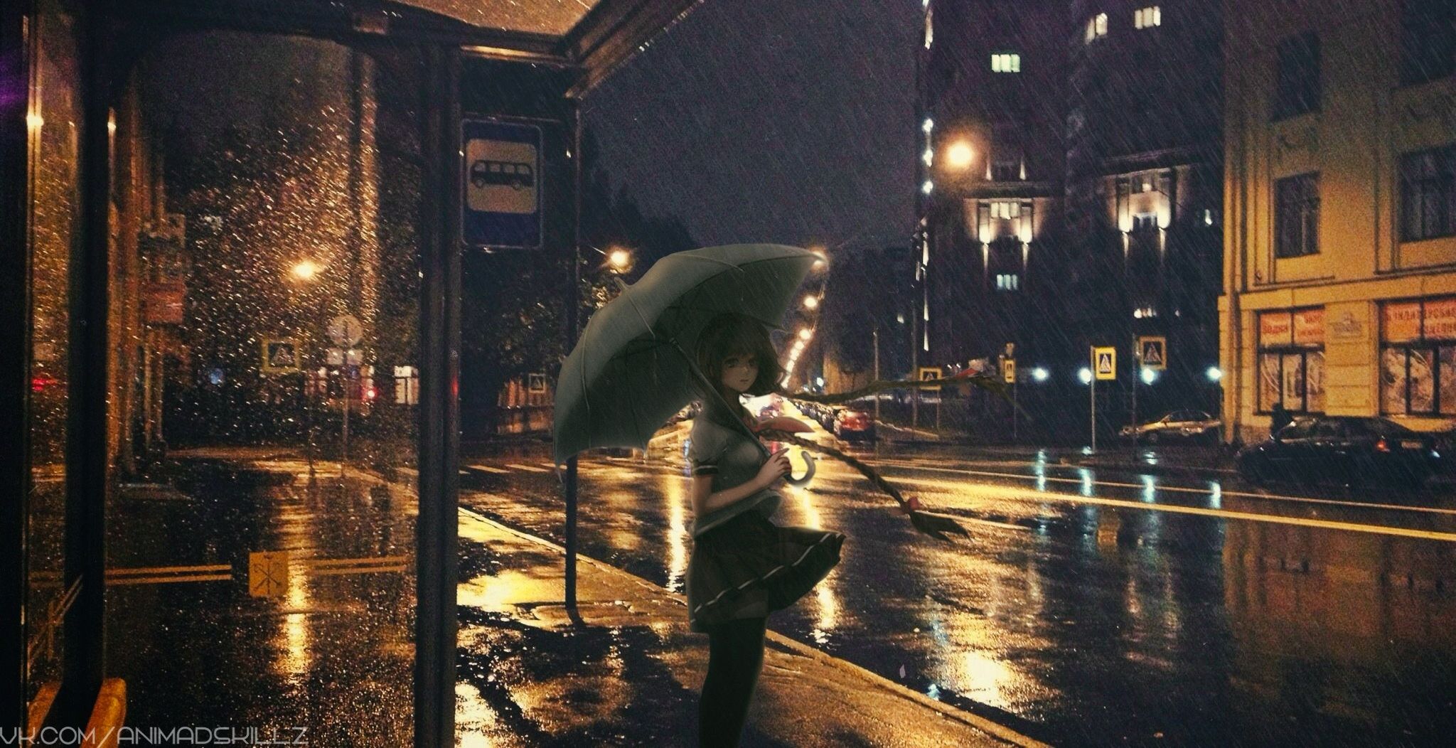 #umbrella, #night, #rain, #anime girls, wallpaper. Anime