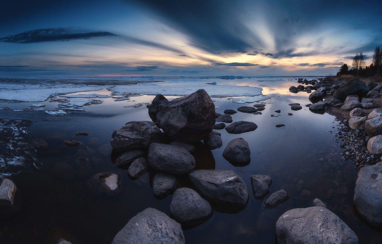 Wallpaper Water, The evening, Shore, Stones, Ice, Shoal