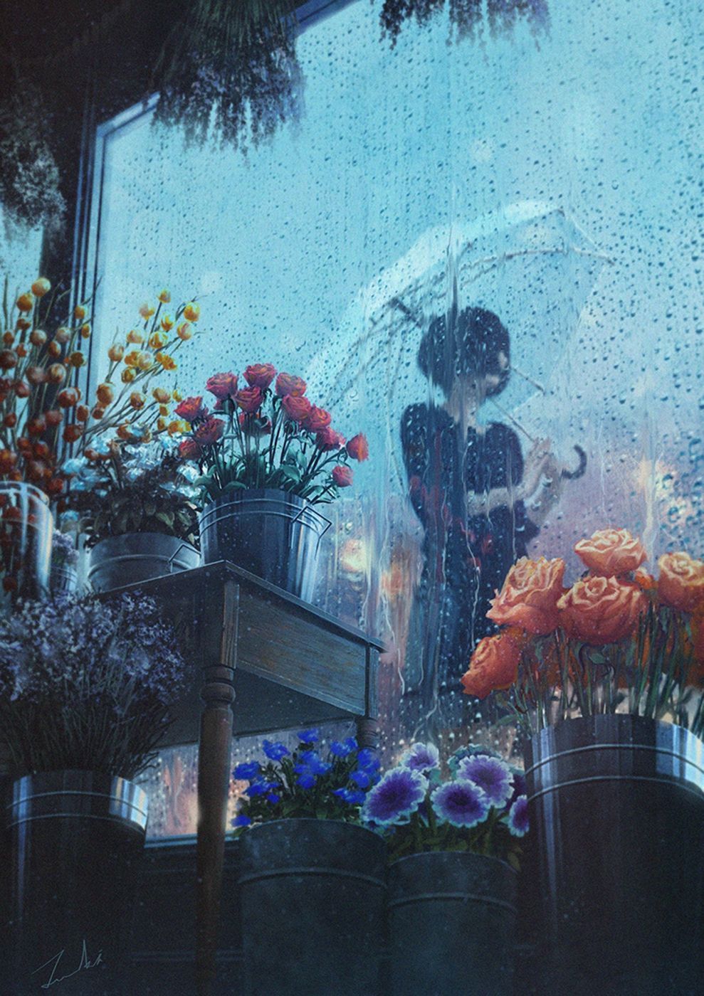 fantasy girl beautiful flower rose rain umbrella wallpaper. Anime
