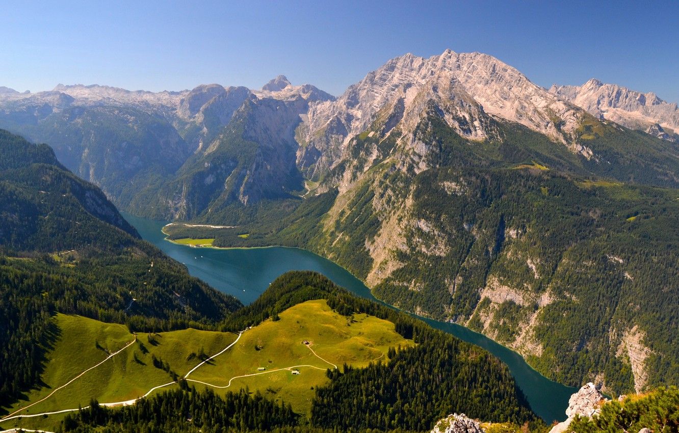 Wallpaper mountains, lake, Germany, Bayern, Alps, panorama, Germany, Bavaria, Alps, Königssee lake, lake Königssee, Berchtesgaden Alps, Berchtesgaden Alps image for desktop, section пейзажи