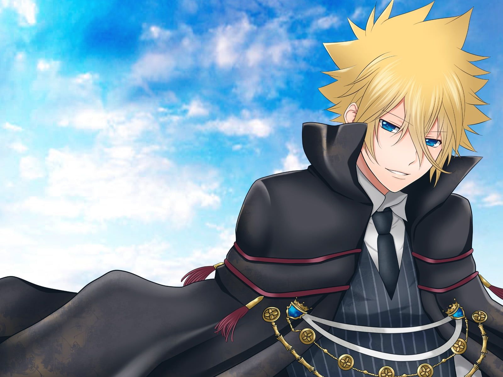 Short blonde haired man in black cape anime character illustration
