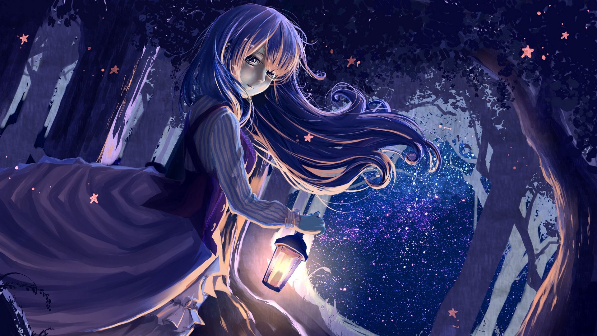 Wallpaper Girl, Anime, Lantern, Forest, Night Bring Me