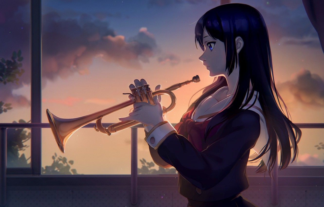 Wallpaper music, girl, school uniform, long hair, sunset, anime