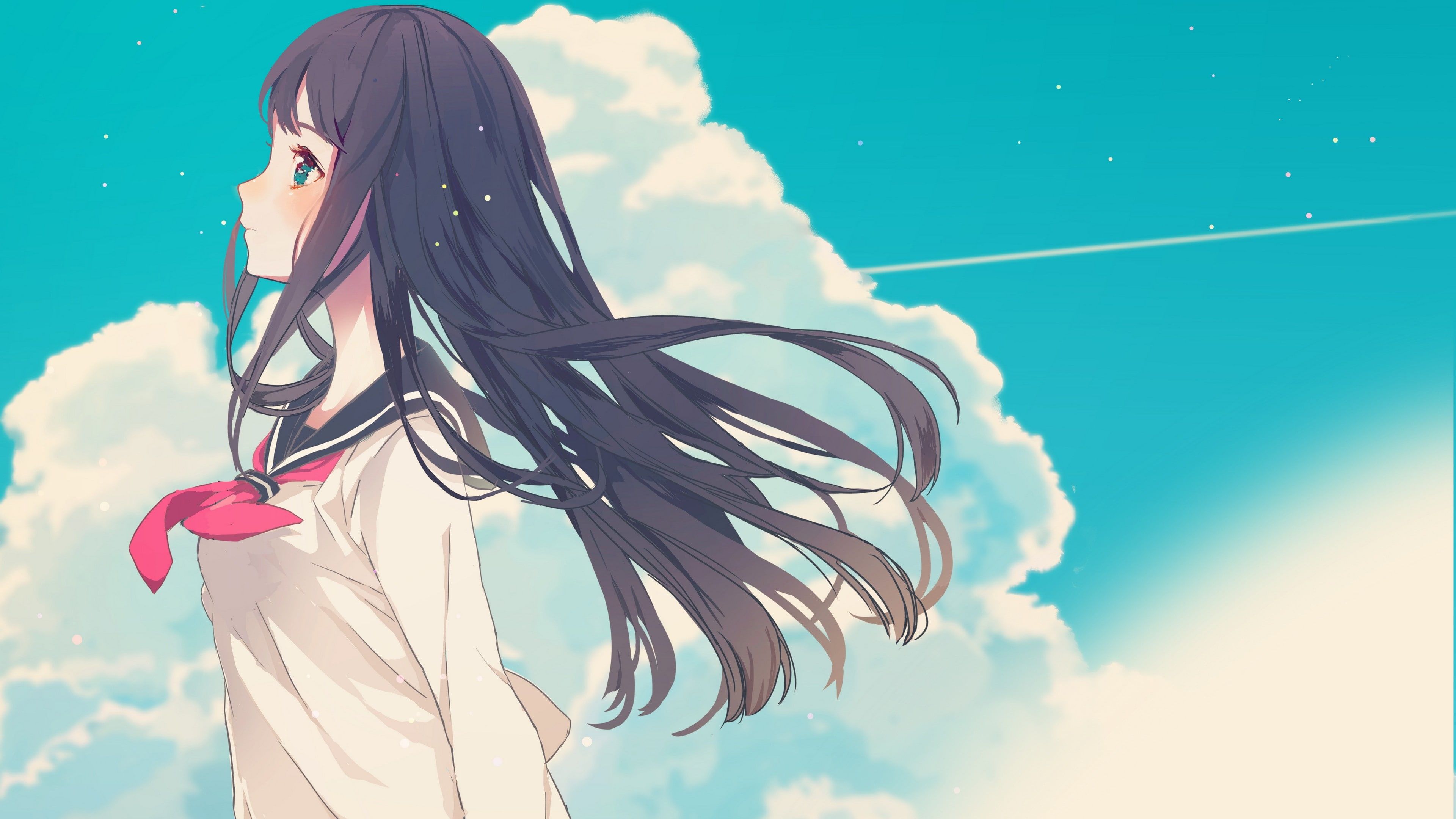 Blushing, sky, long hair, clouds, anime girls, school uniform, HD