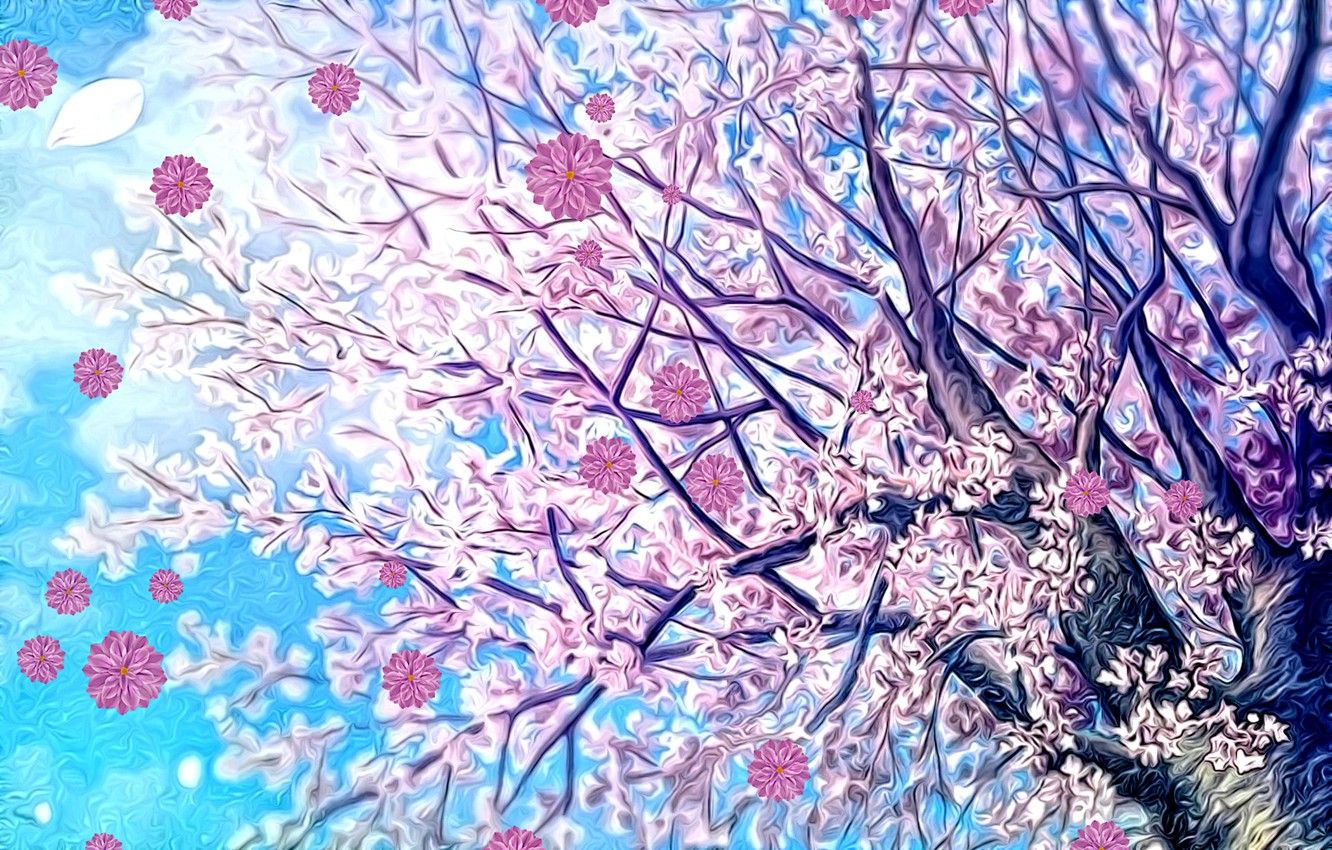 Wallpaper the sky, flowers, rendering, background, fantasy, tree, branch, spring, art, picture, cherry blossoms, spring wind image for desktop, section рендеринг