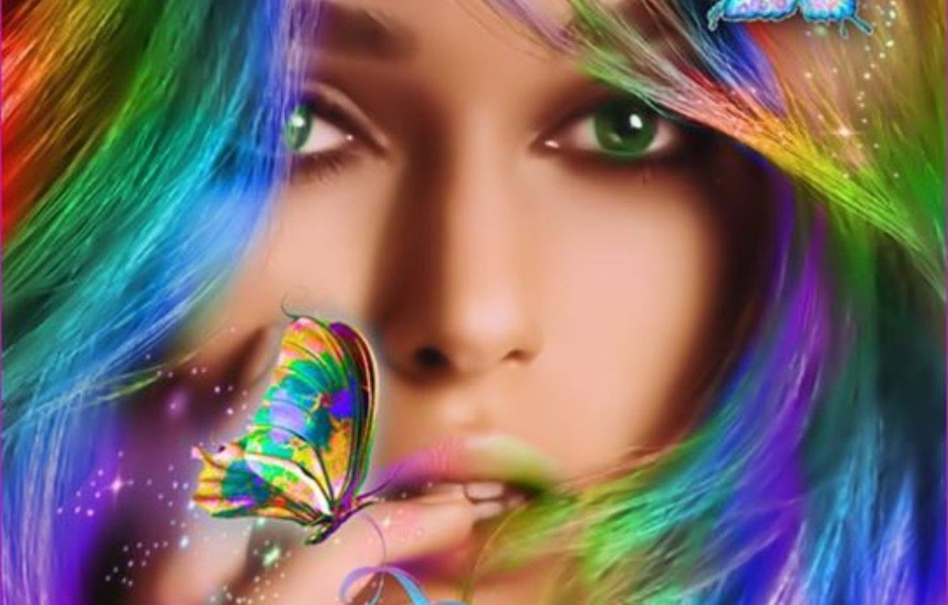 Wallpaper girl, beautiful, hair, butterflies, colorful women