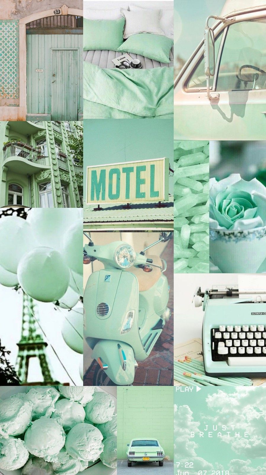 Wallpaper, background, collage, aesthetic, music, color, mint, green, paris. Galaxy wallpaper, Ilustrasi poster, Ruang seni