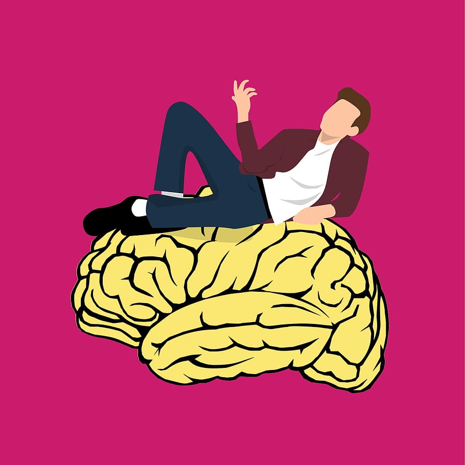 HD wallpaper: Man perched on illustration of human brain, thinking