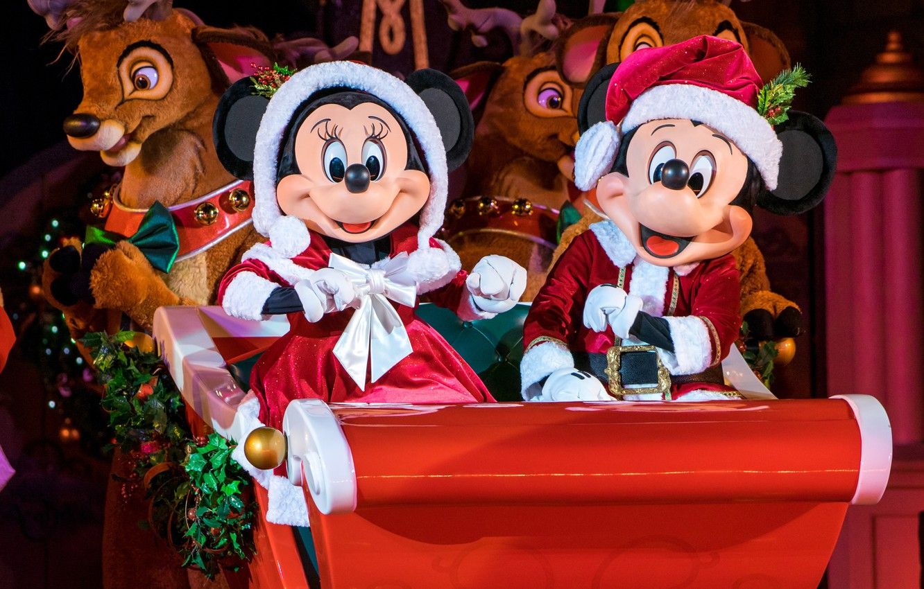 Wallpaper Christmas, New year, sleigh, deer, Disney World, Mickey Mouse, Disney world, Minnie Mouse image for desktop, section новый год