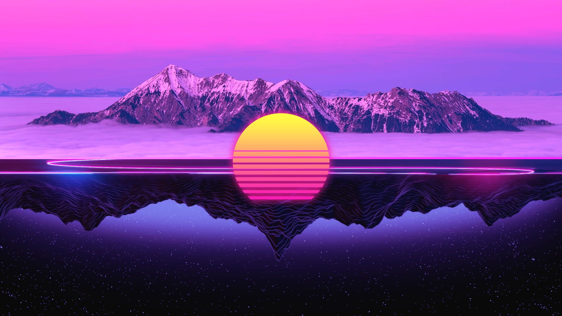 Snow capped mountain, landscape, Retrowave, HD wallpaper